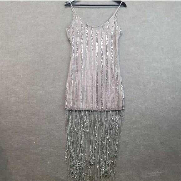 New Anthropologie Maeve Scoop-Neck Beaded Fringe Midi Dress $268 SIZE 14P Mauve - Picture 7 of 10